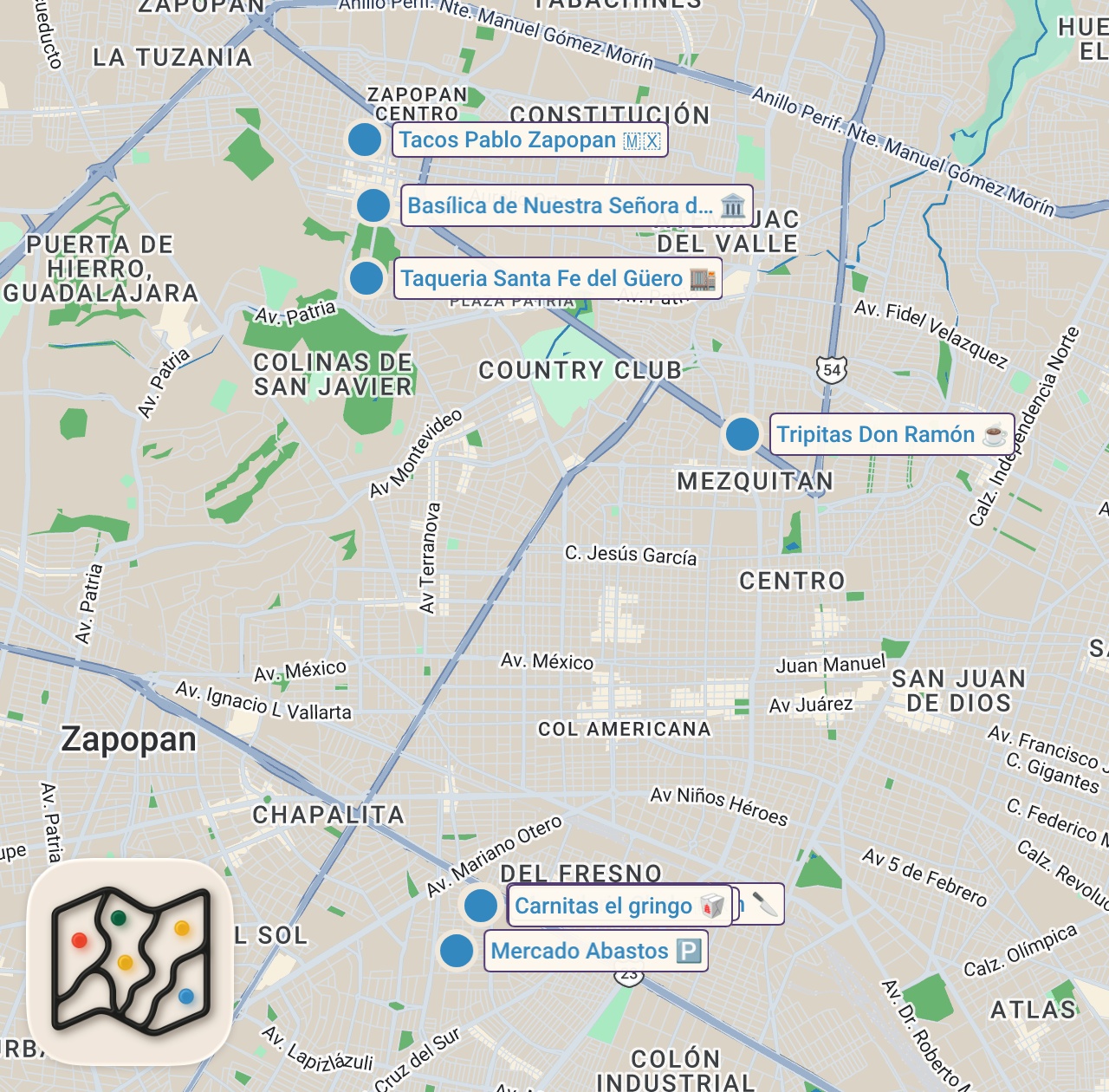 Map of 9 spots from Mexican Street Food!! 🇲🇽 INSANE BUBBLE BATH TACOS in Guadalajara, Mexico!! 🌮