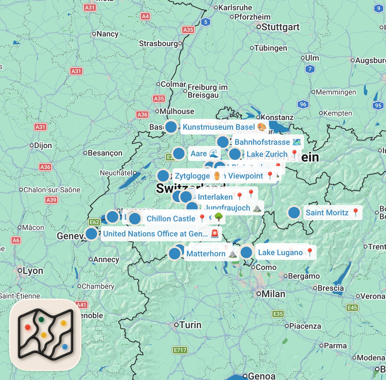 Map preview for Die 10 BESTEN ORTE IN DER SCHWEIZ, die man gesehen haben muss.