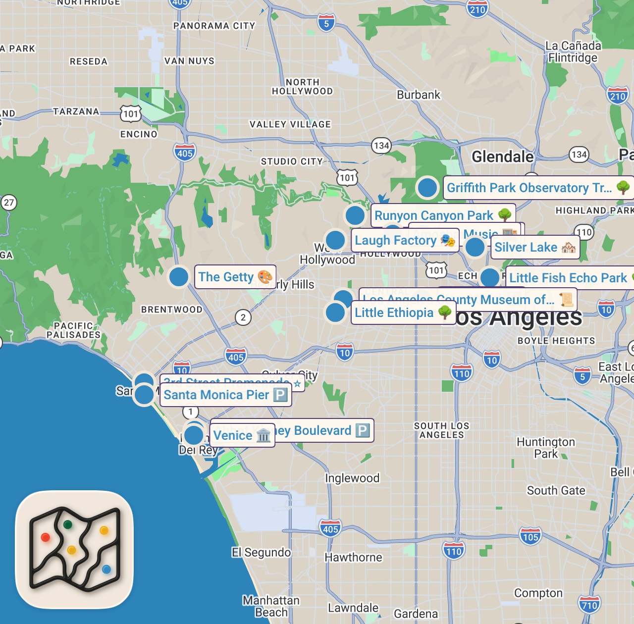 Map of 15 spots from LOS ANGELES TRAVEL GUIDE