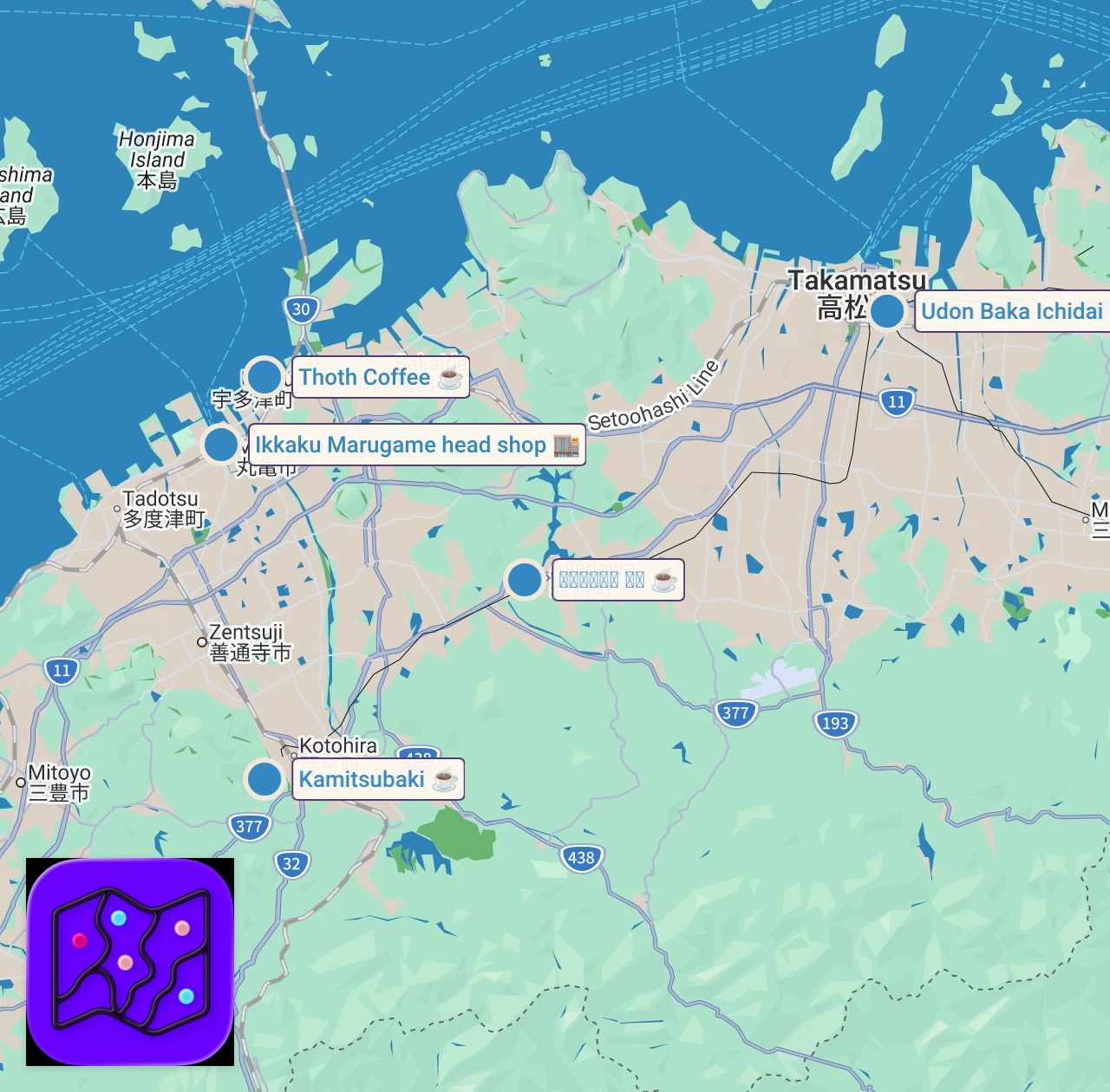 Map of 5 spots from 【香川グルメ・観光】グルメウォーカーが教える香川県観光地のホンマに美味しいうどん&ご当地グルメ店を紹介Kagawa prefecture recommended gourmet restaurants