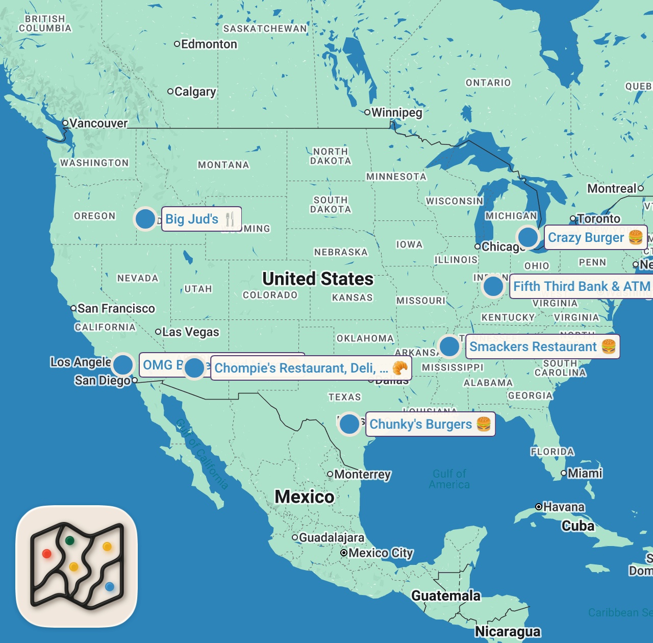 Map of 7 spots from 1 Hour of Adam’s Biggest Burger Challenges! 🍔 Man v. Food | Travel Channel