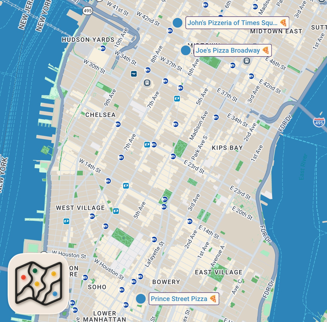 Map of 3 spots from Only eating PIZZA in New York City for a day #shorts