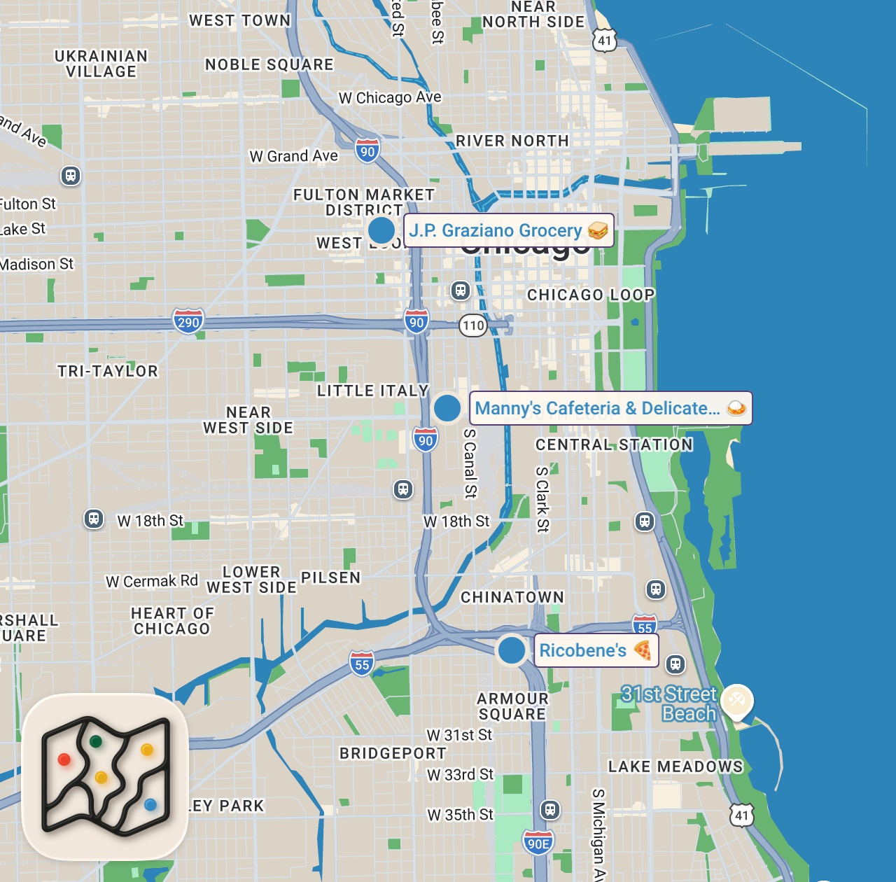 Map of 3 spots from Insane American Fast Food - KING SIZED Breaded Steak Sandwich!! | Best Food Chicago, USA