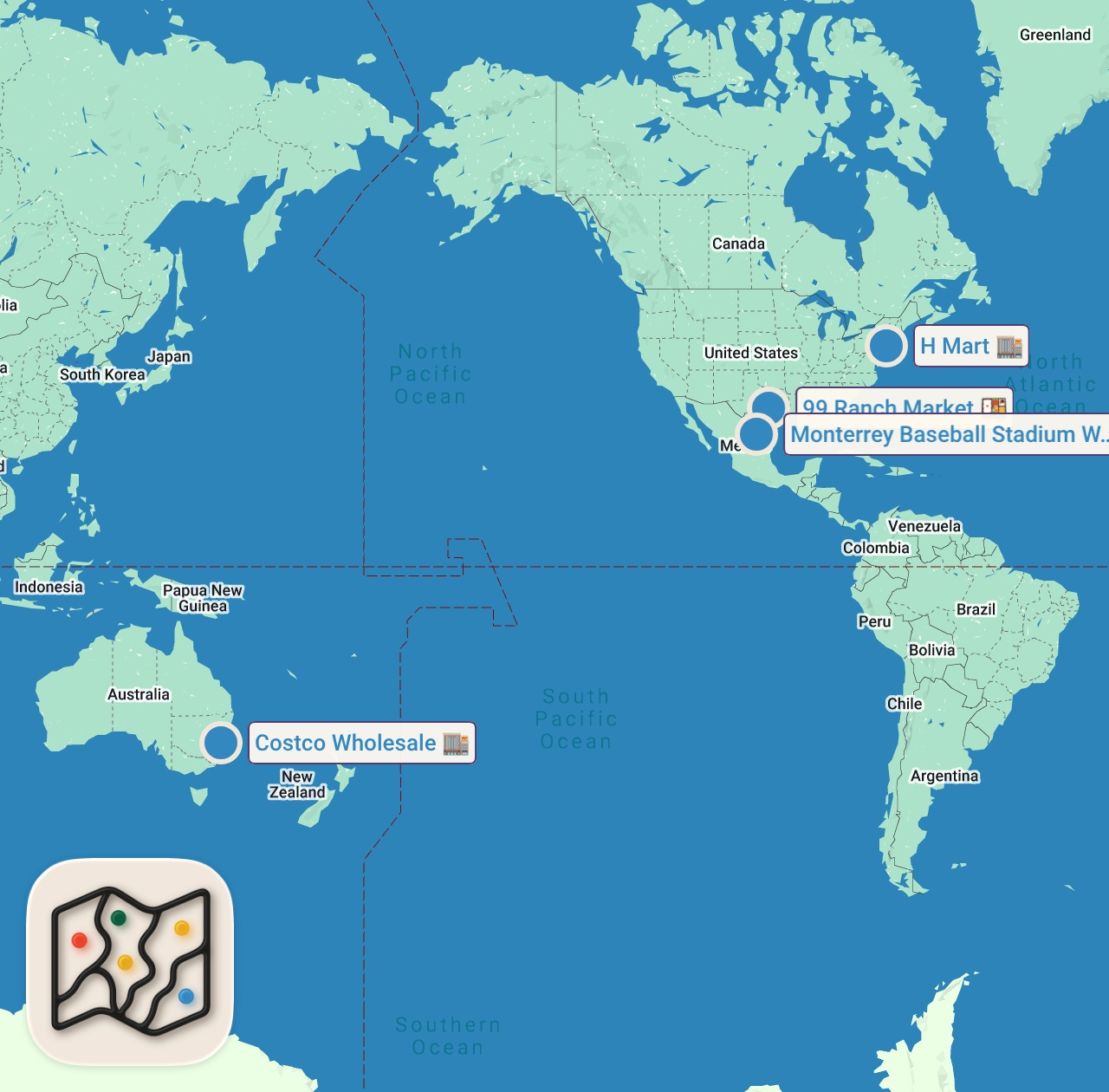 Map of 4 spots from I'll Pay For Your Groceries If You Let Me Cook For You