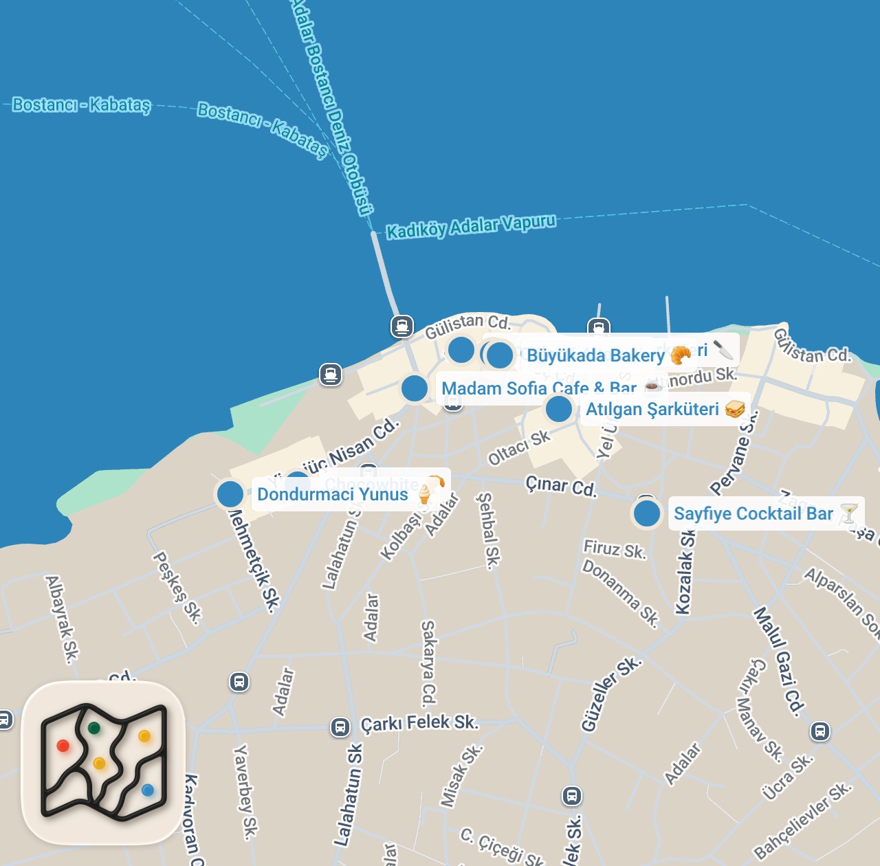 Map preview for BÜYÜKADA LEZZET REHBERİ (Kremalı börek, vişneli dondurma, arnavut ciğeri) - Ayaküstü Lezzetler