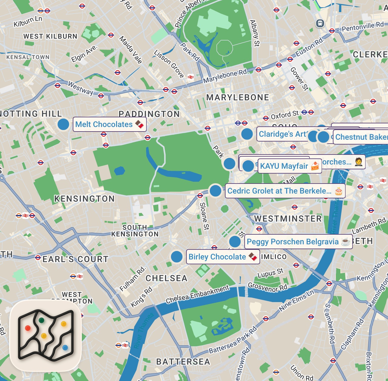 Map of 12 spots from I Tried London’s Best Pastries & Chocolate | Kirsten Tibballs