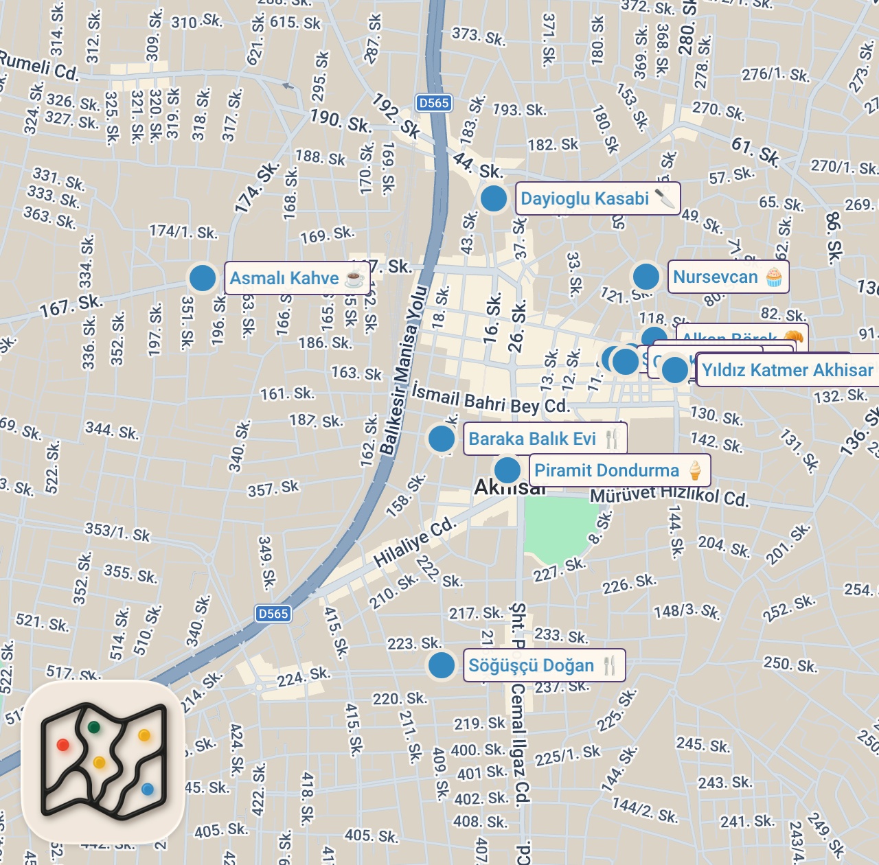 Map of 15 spots from MANİSA AKHİSAR’DA NE YENİR!!! 1 GÜNDE DÜNYALARI YEDİM!!!