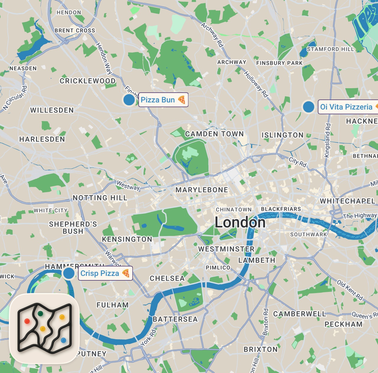 Map of 3 spots from Finding the Best Pizza in London