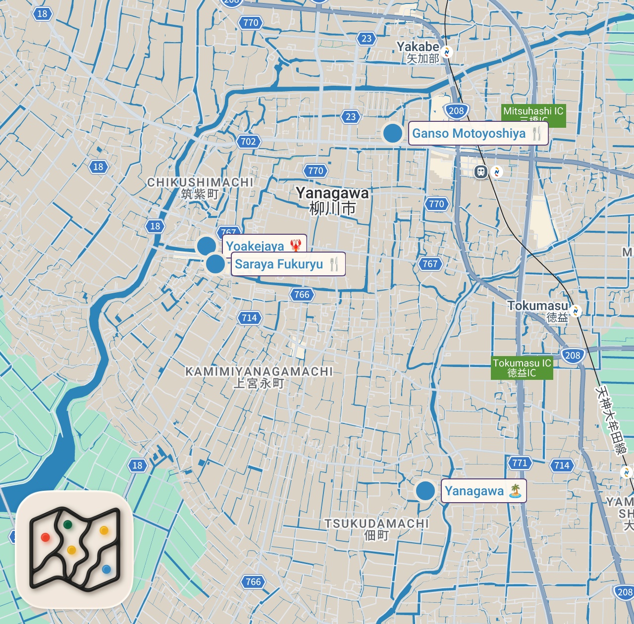Map of 4 spots from 300 Year EEL Restaurant!! JAPANESE FOOD - Secret Recipe in Yanagawa, Japan!