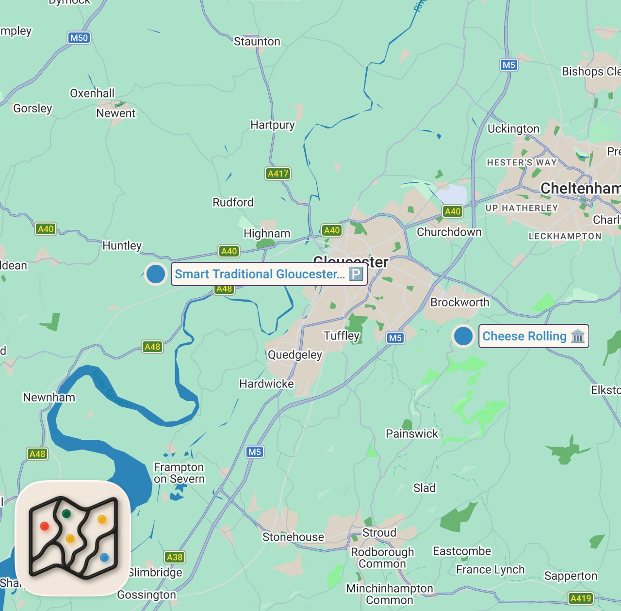 Map of 2 spots from Cooper's Hill Cheese Rolling