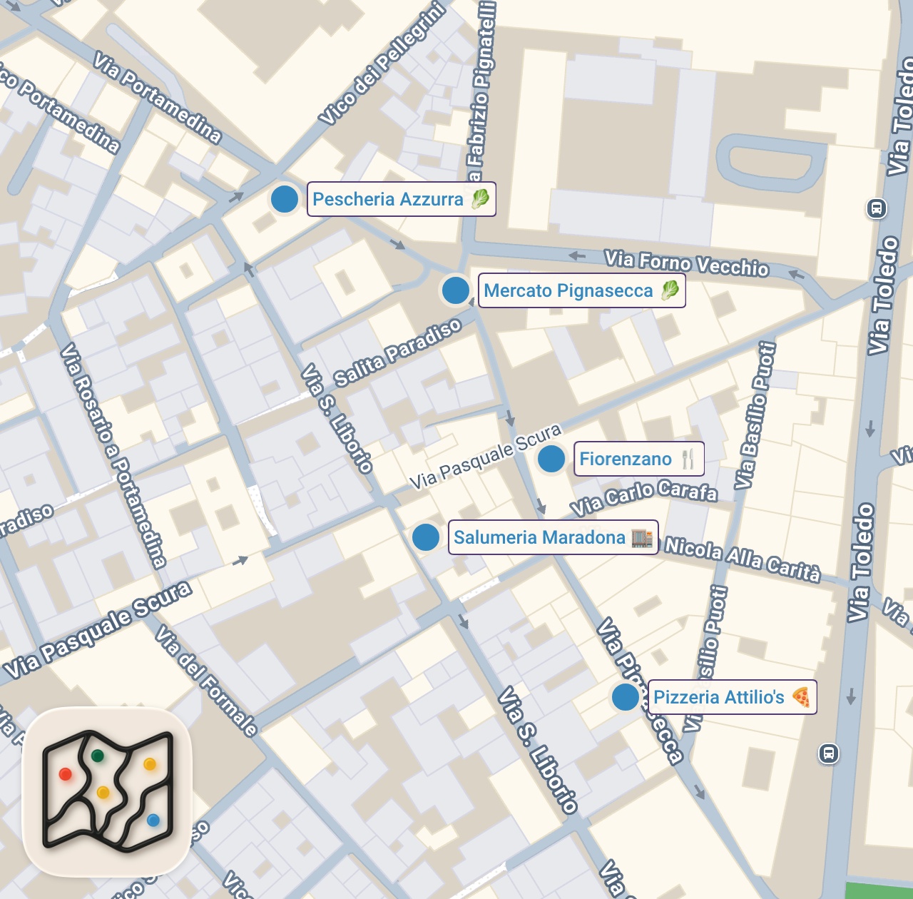 Map of 5 spots from MANGIO nel MERCATO PIGNASECCA a NAPOLI | PRATTQUELLO