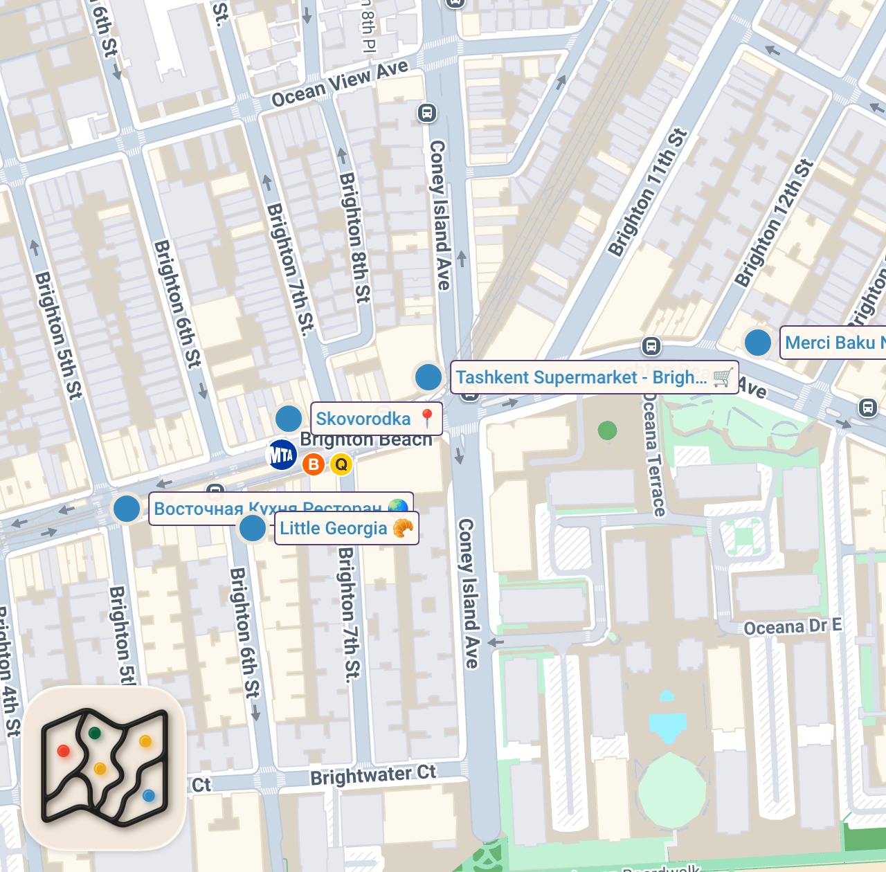 Map of 6 spots from Eating through 7 former Soviet Countries in One New York Neighborhood! (Brighton Beach)