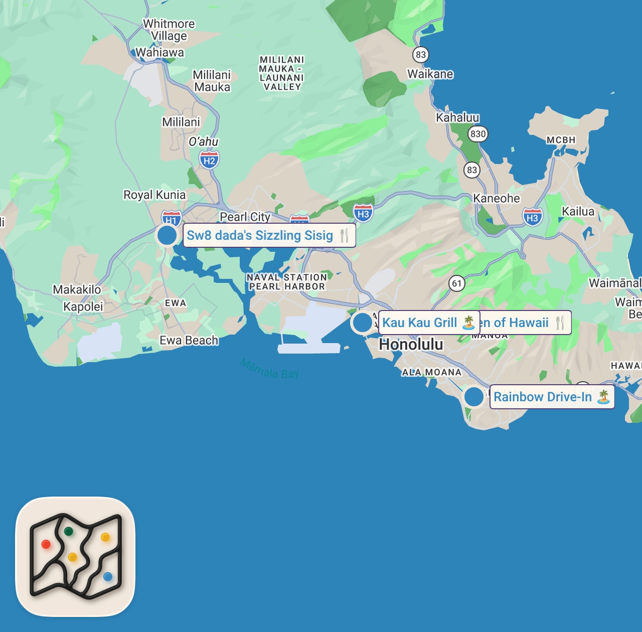 Map of 4 spots from HIDDEN Hawaii Eats You HAVE to Try in Oahu || Local Favorites + Hidden Gems!