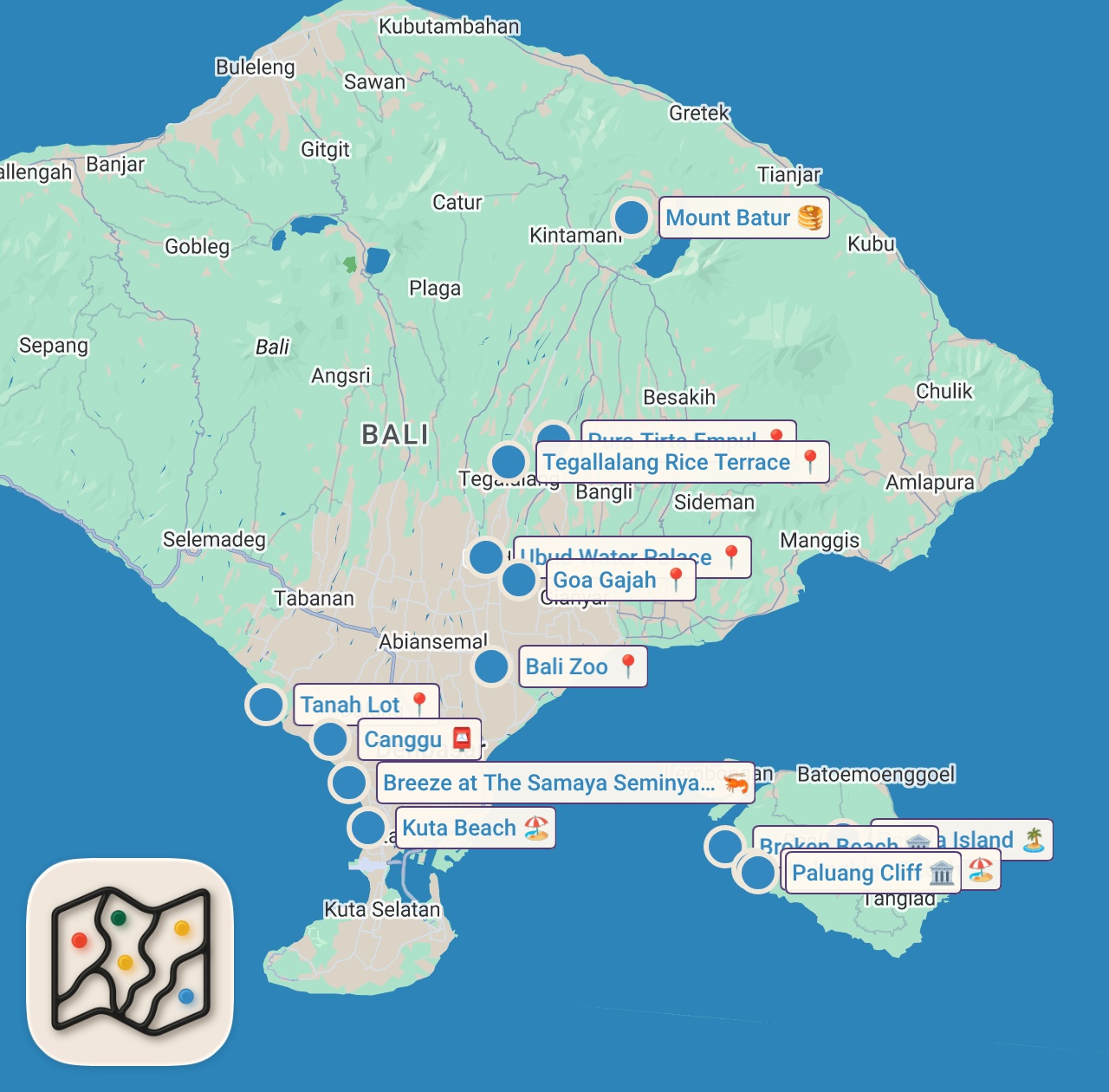 Map of 15 spots from Top 12 Things to do in Bali- Bali, Indonesia Travel Guide