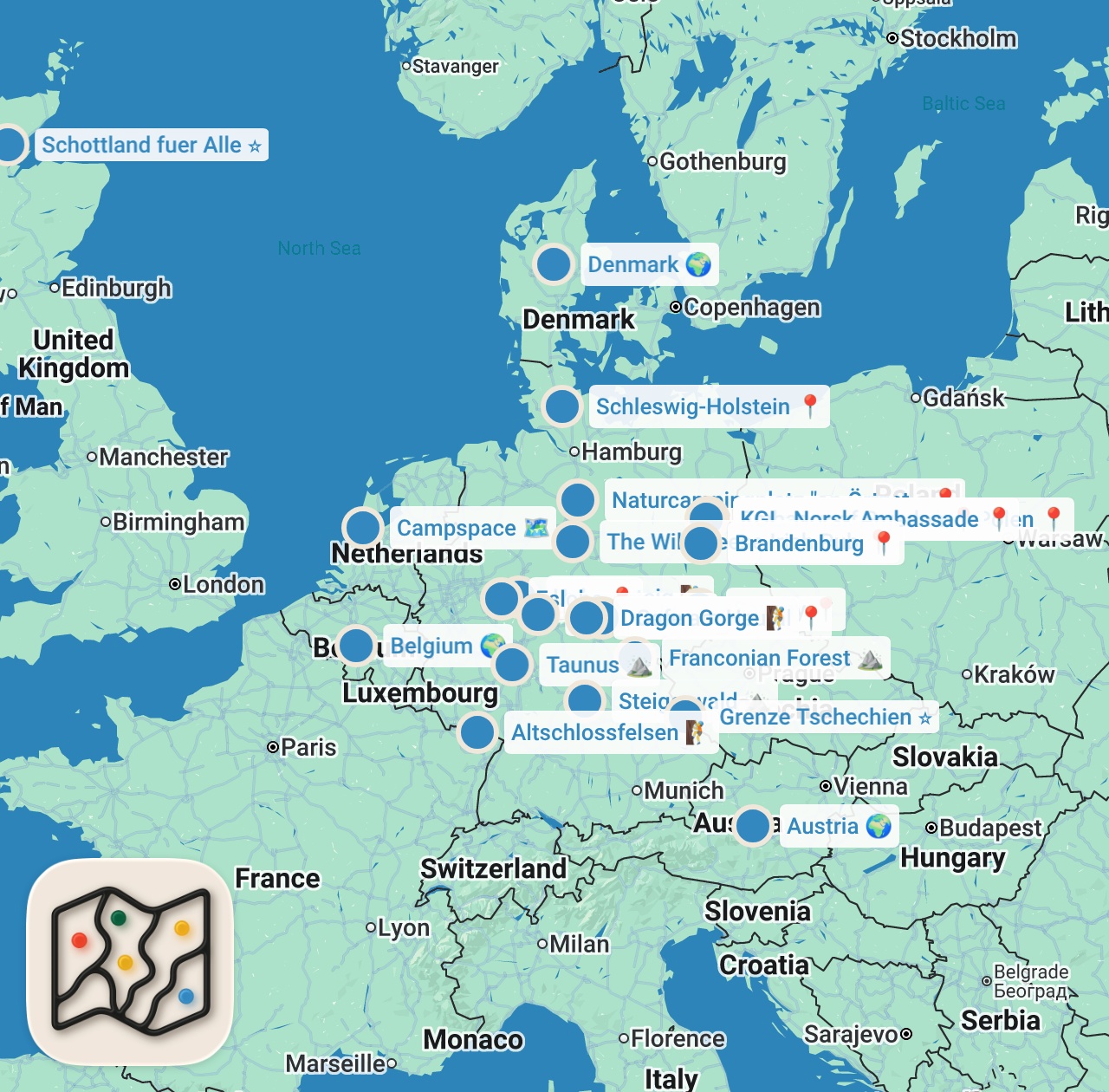 Map preview for Legales Wildcampen: Alle Trekkingplätze in Deutschland & Europa
