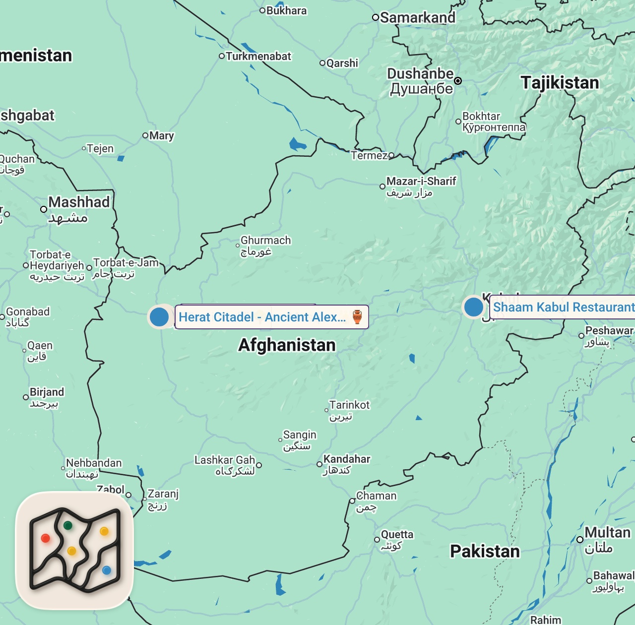 Map of 6 spots from $55 Street Shoe Shine In Herat — Afghanistan Under Taliban 🇦🇫