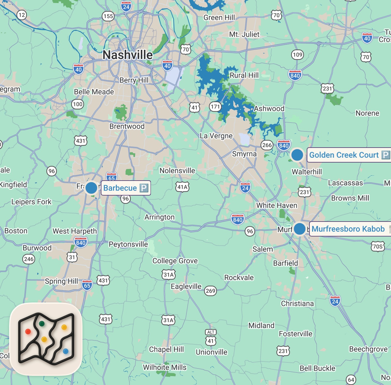 Map of 3 spots from Eating at VIRAL Restaurants For 24 Hours... (Murfreesboro, Tn)