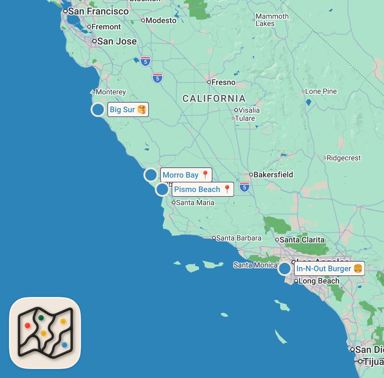 Map of 5 spots from DUNE BUGGY CRASH | PISMO BEACH, CA ( Day 2)