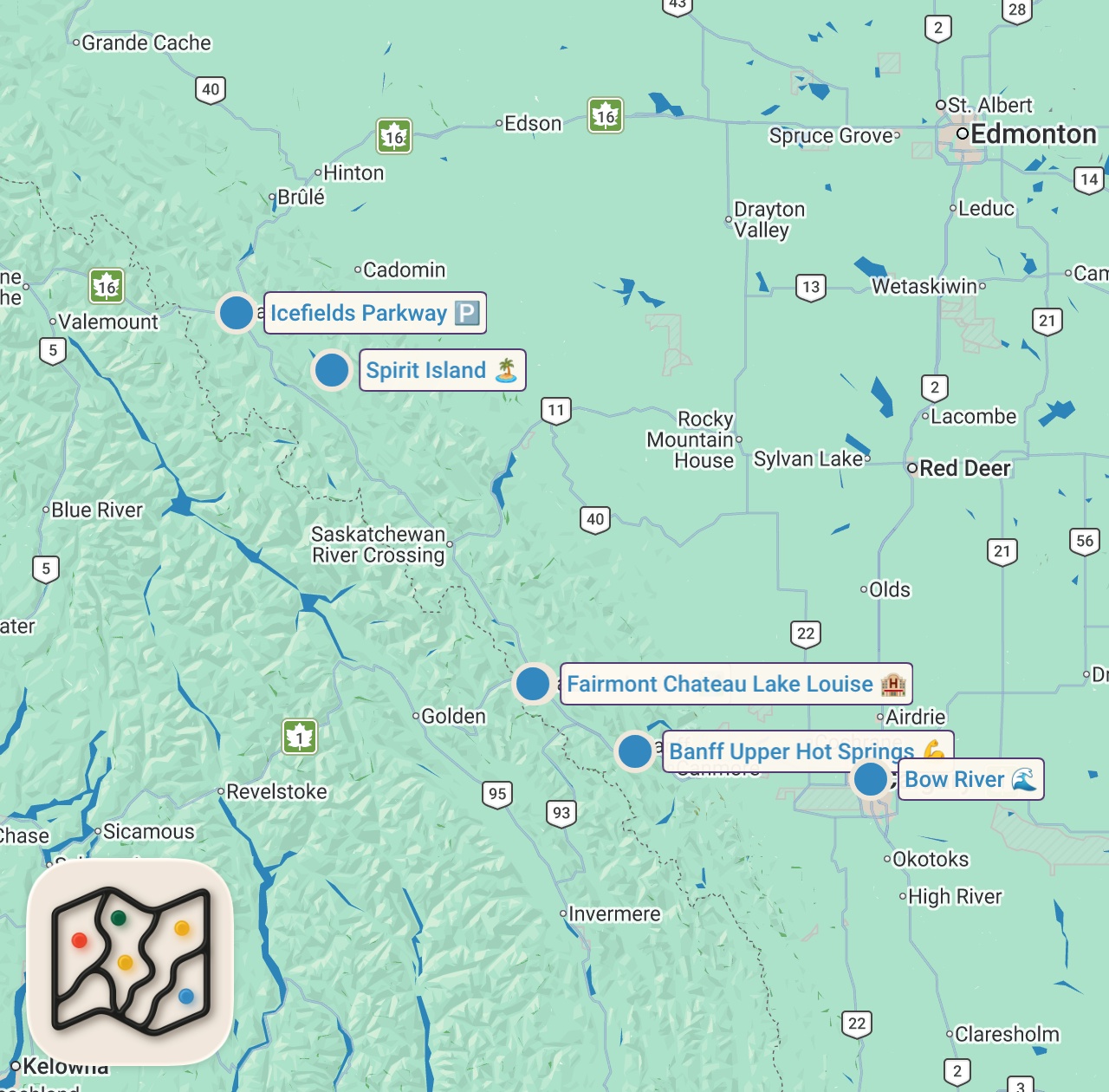 Map of 7 spots from Alberta in the Fall  | Exploring Canada's Rocky Mountains
