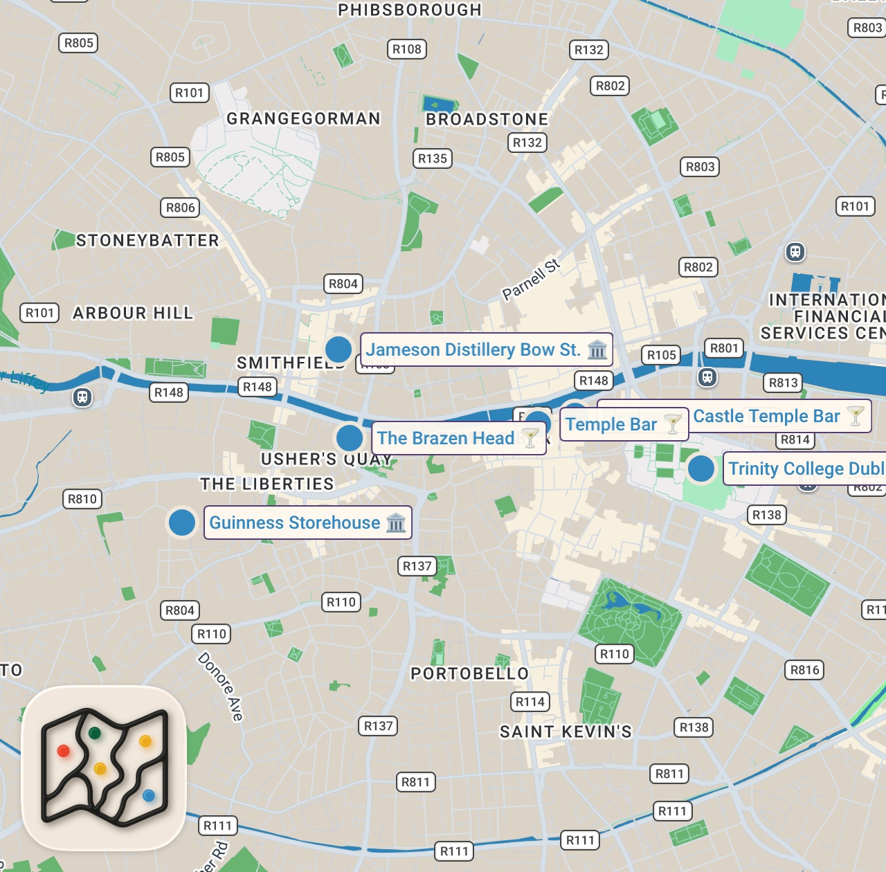 Map preview for Guinness Brewery Tour and Food Vlog in Dublin, Ireland! DEVOUR POWER