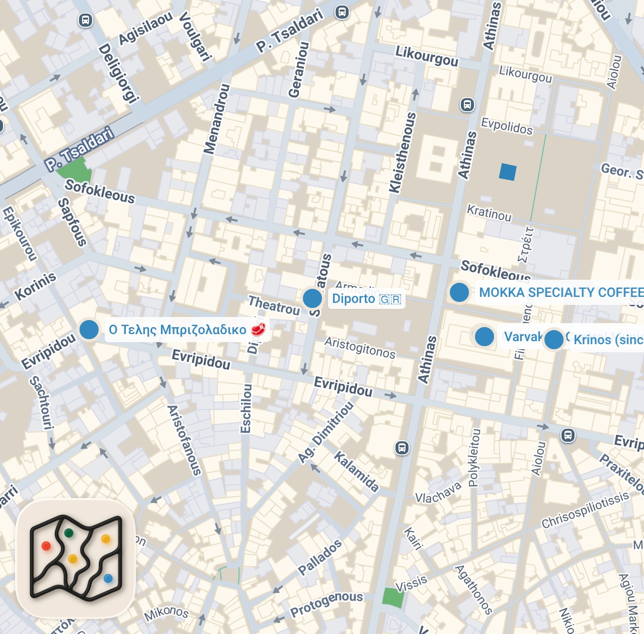 Map preview for Secret Greek Taverna!! ATHENS CENTRAL MARKET Street Food Tour - Seafood + AMAZING Pork Chops!!