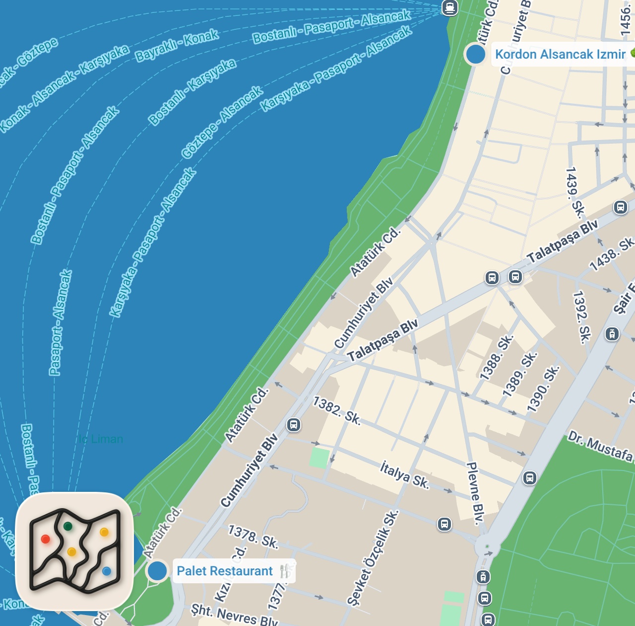 Map preview for İzmir’in en iyi restoranı hangisi? #izmir #tarih #alsancak #kordon #restoran #yemek #altay