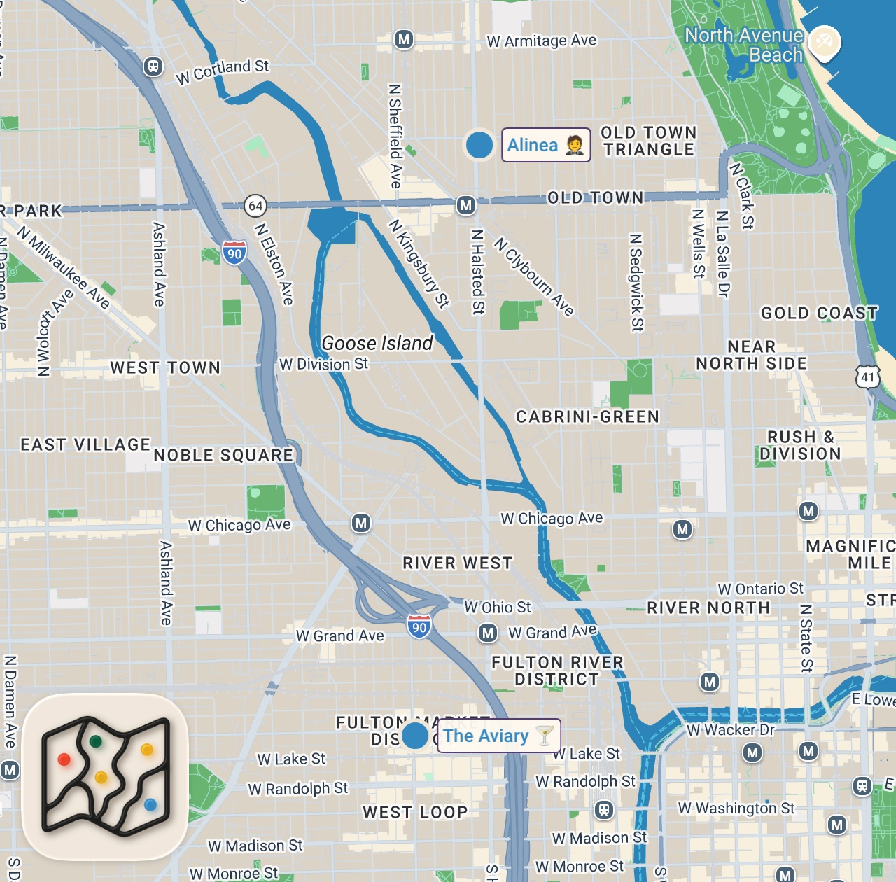 Map of 2 spots from Behind the Bar - Inside the Cocktail Lab of a 3 STAR MICHELIN chef | S1: Episode 1, Chicago