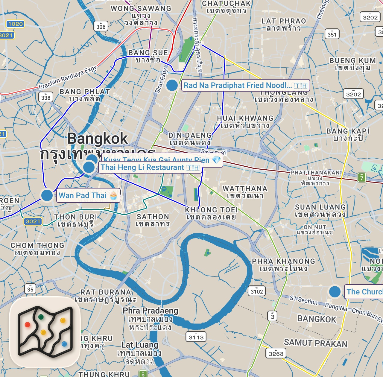 Map of 5 spots from Thai Street Food - THAI DRUNKEN NOODLES + 5 Must-Eat Fried Noodles in Bangkok!! 🇹🇭