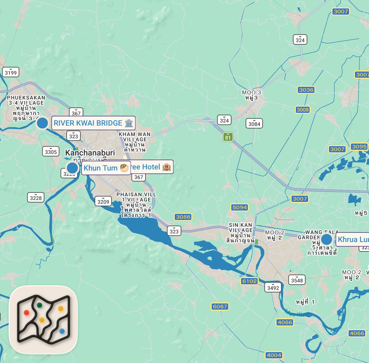 Map of 5 spots from (ซับไทย) บิ๊มกินแหลก กับ 5 ร้านอาหารอร่อยที่กาญจนบุรี - EP.116