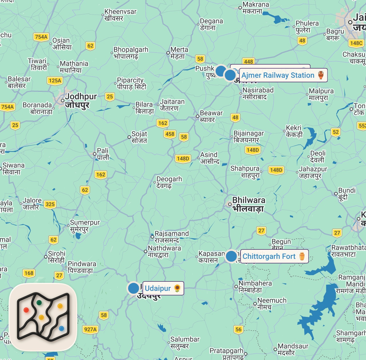 Map of 4 spots from Riding a Train in India | 8 Hours on an Indian Train Rajasthan