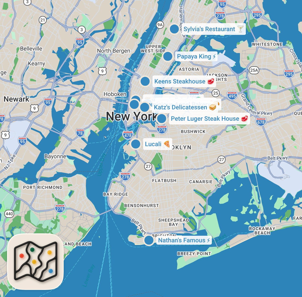 Map preview for 10 Iconic NYC Restaurants To Visit When Social Distancing Is Over | Legendary Eats Marathon