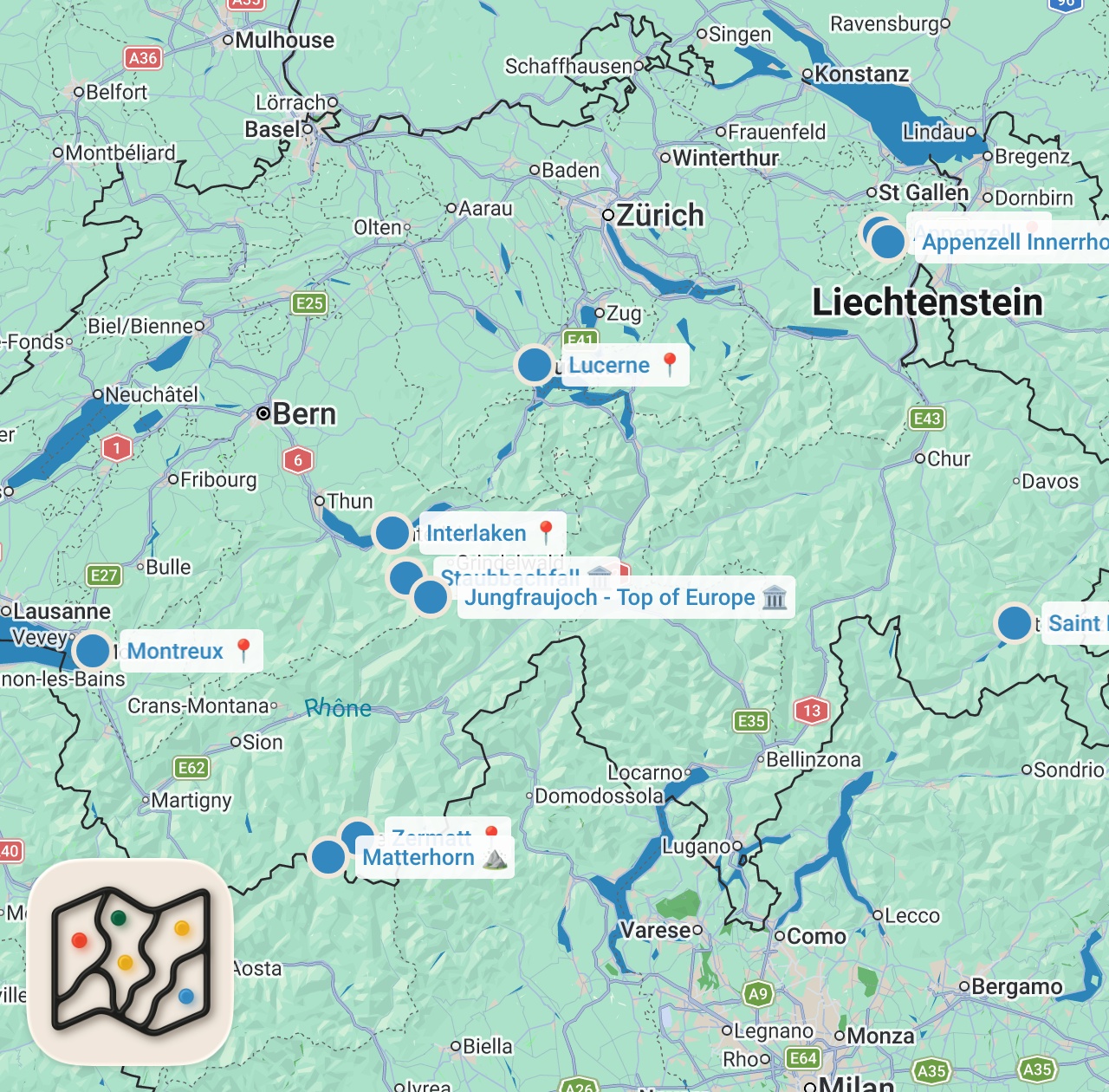 Map preview for Die schönsten Orte in der Schweiz (Reise Tipps)