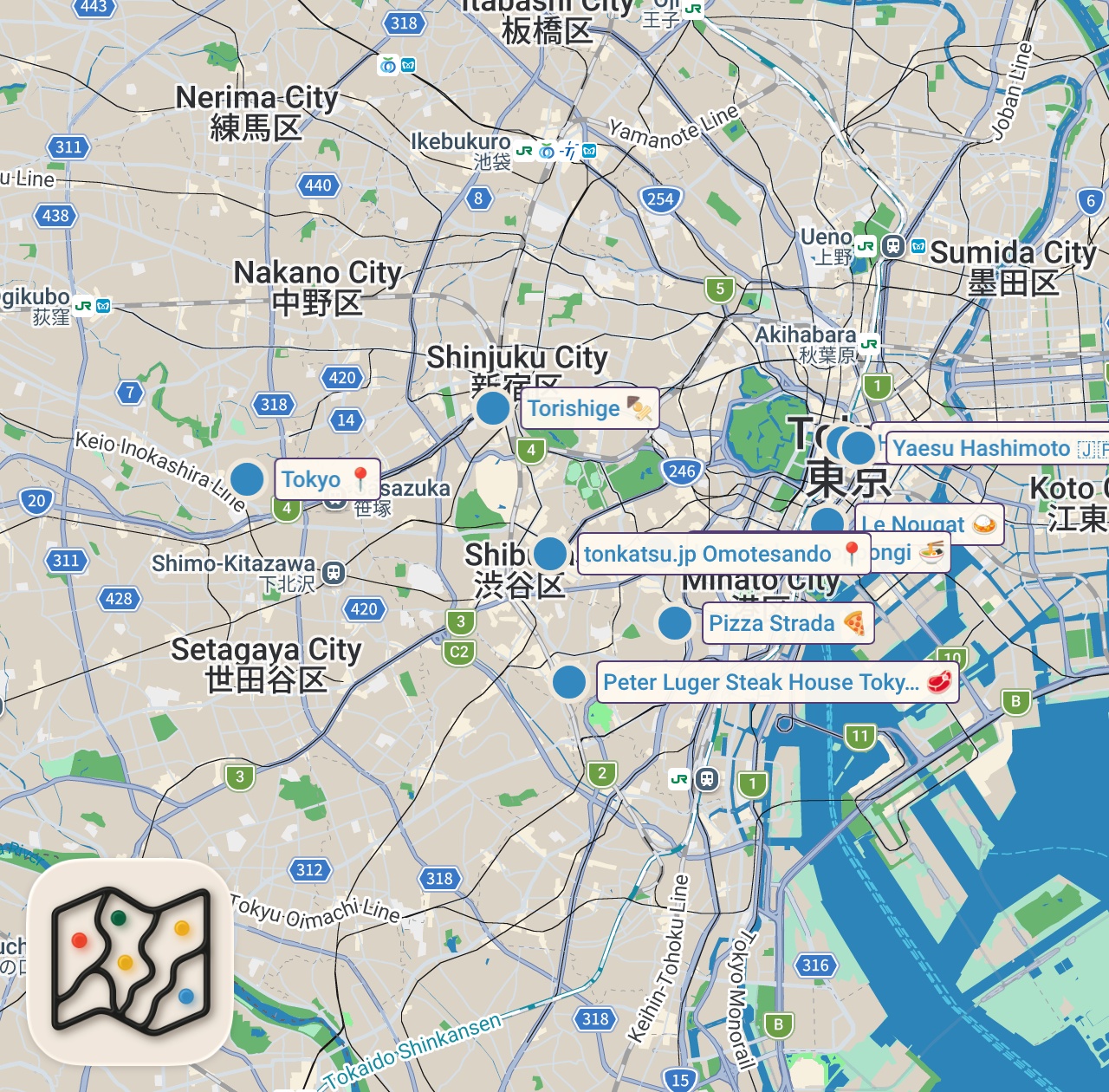 Map of 9 spots from 2026 東京美食地圖，最想二刷的十家店！TOP 10 Must-Try FOOD in Tokyo