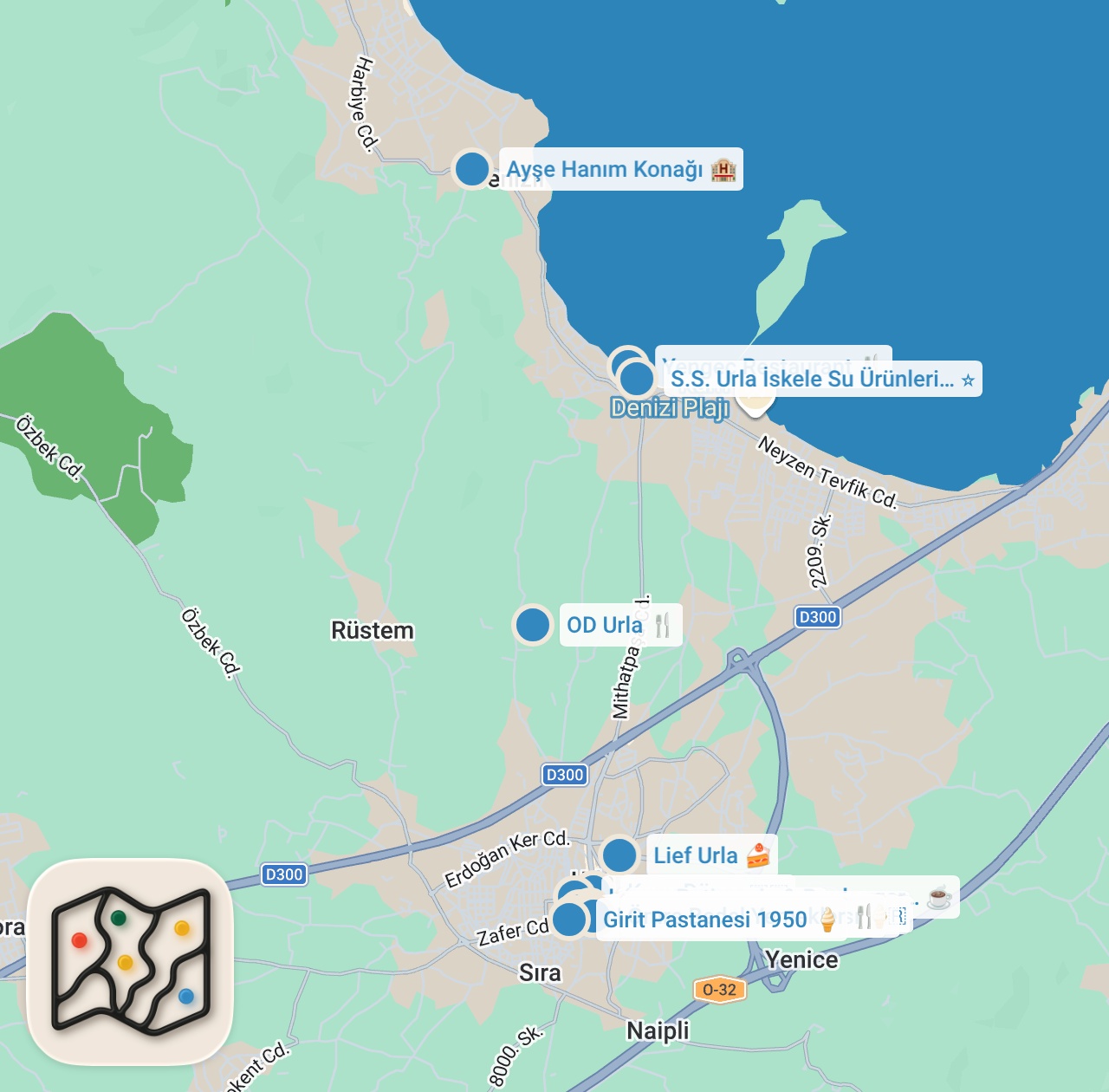 Map preview for URLA GASTRONOMİ REHBERİ - Ayaküstü Lezzetler