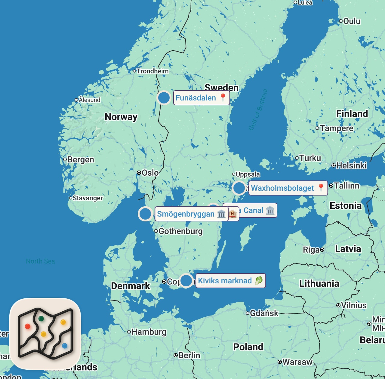 Map of 7 spots from Här är 5 underbara sommarresmål – i Sverige!  - Nyhetsmorgon (TV4)
