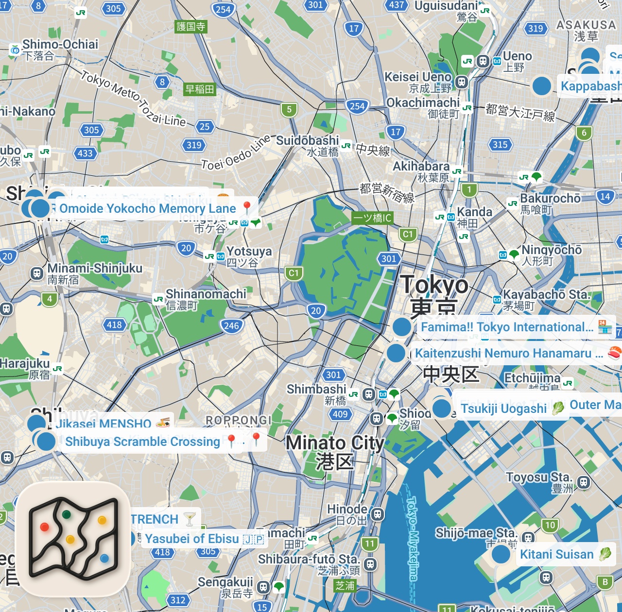 Map preview for TOKYO LEZZET REHBERİ | A5 Wagyu, Unagi, Ramen, Gyoza, Onigiri, Kaitenzushi, Tamagoyaki