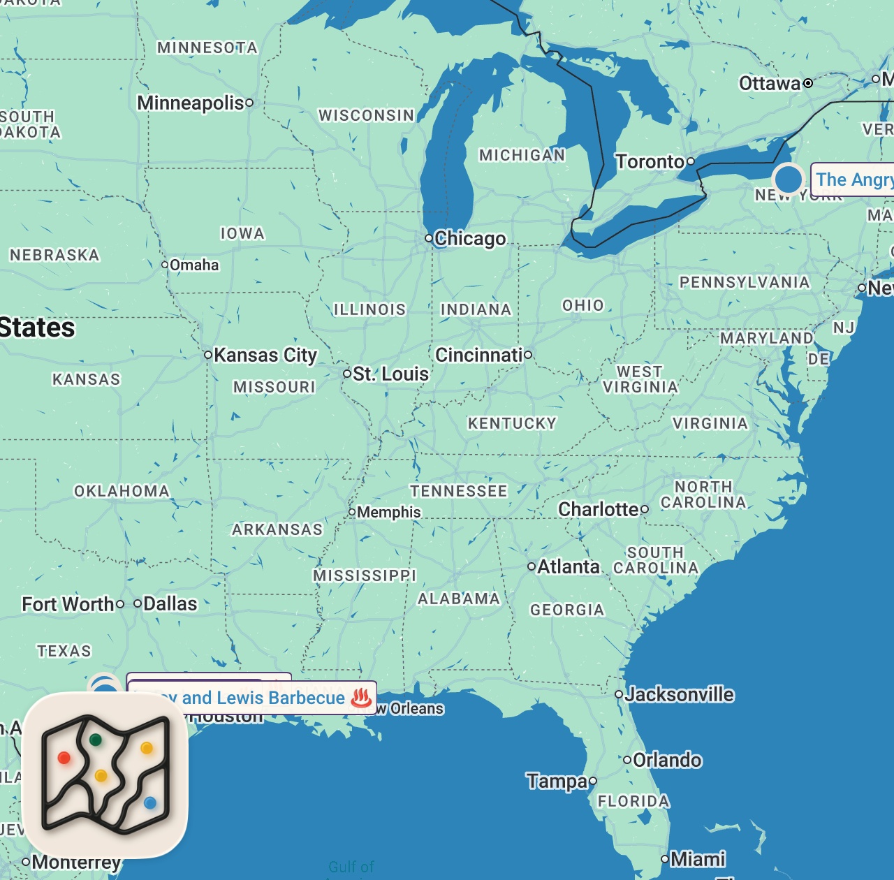 Map of 4 spots from Eating EVERY Michelin Star BBQ in Texas | ULTIMATE Texas BBQ Road Trip!