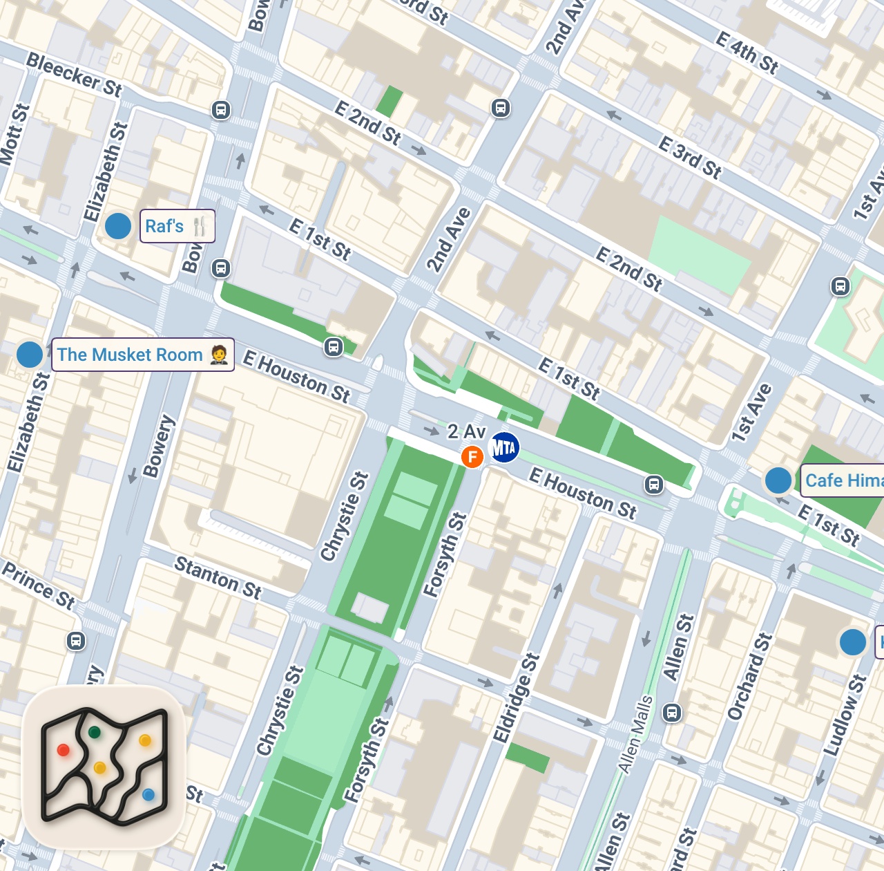 Map of 4 spots from Andy Samberg and Kate McKinnon Crack Each Other Up During a Chaotic Lunch — Let's Do Lunch