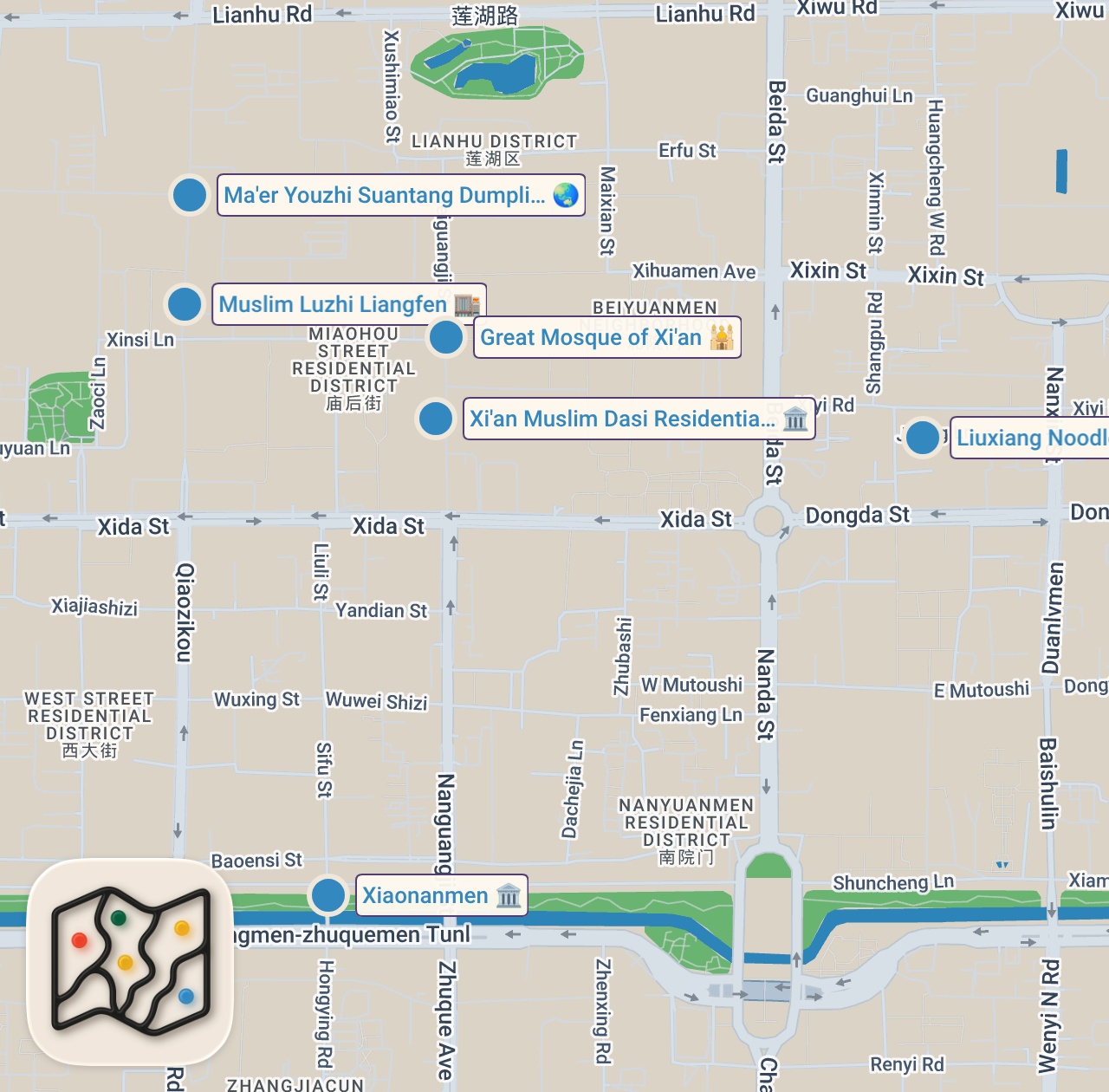 Map of 6 spots from China Street Food Heaven!! 14-Hour CHINESE FOOD TOUR in Xi’an, China!!