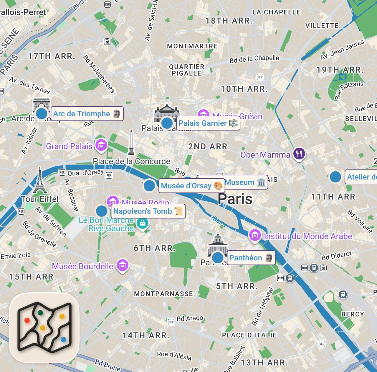 Map of 8 spots from BEST THINGS TO DO IN PARIS FOR FIRST TIMERS W/ MAP | 20+ Must-Dos, Hidden Gems & More!