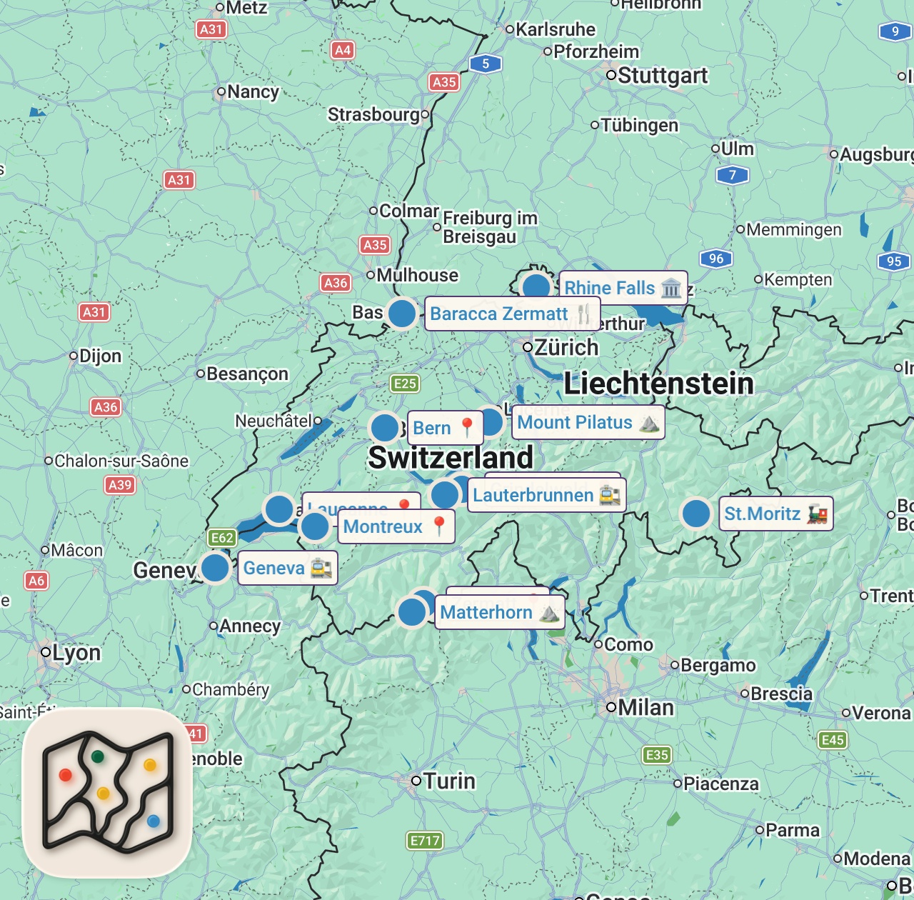 Map of 12 spots from Switzerland Travel Guide 2026 4K