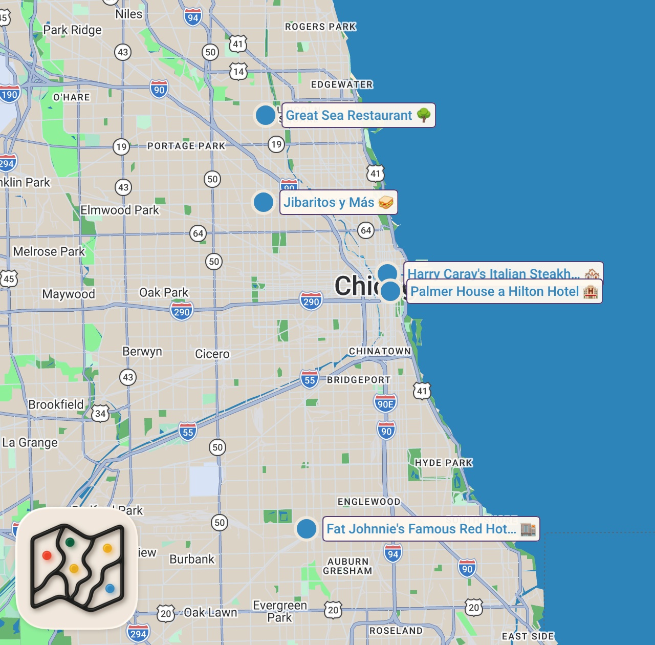 Map of 5 spots from 5 Foods Invented in Chicago (SURPRISING)!! Don’t Miss Eating in Chicago, USA!