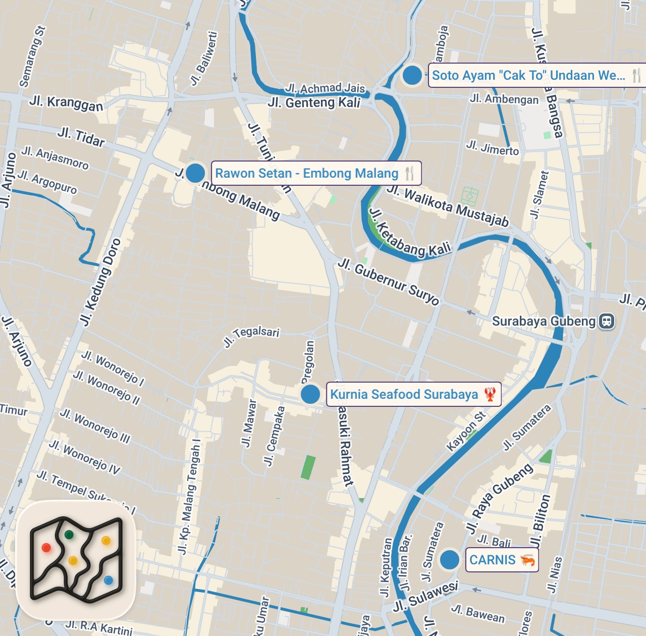 Map preview for Top 5 MUST-TRY Street Foods in Surabaya Indonesia!