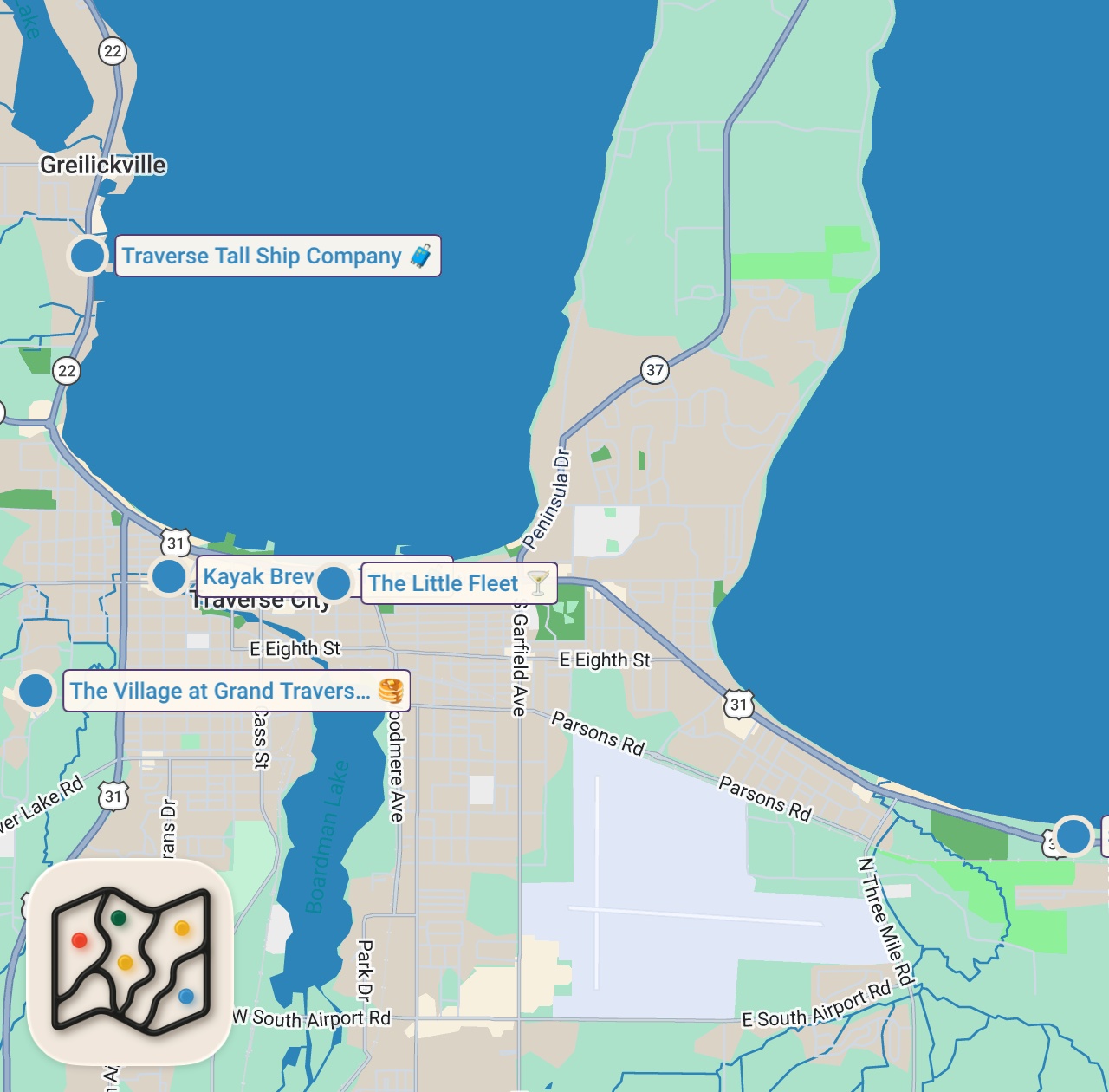 Map of 5 spots from Summer on the Great Lakes |  Sailing, Wine Tour & Delicious Food in Michigan
