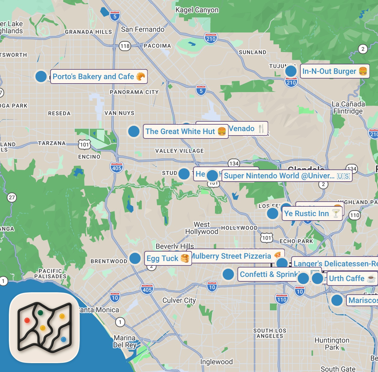 Map of 15 spots from ALL THE BEST FOOD SPOTS IN LA (PART 2)