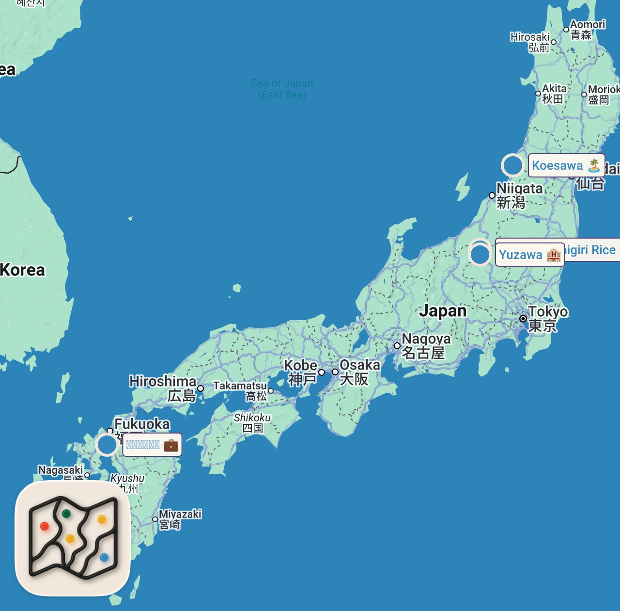 Map of 4 spots from 【エガちゃんねるコラボ】江頭2:50オリジナル旅行プラン！大満足の新潟旅！湯沢温泉│魚沼│燕三条