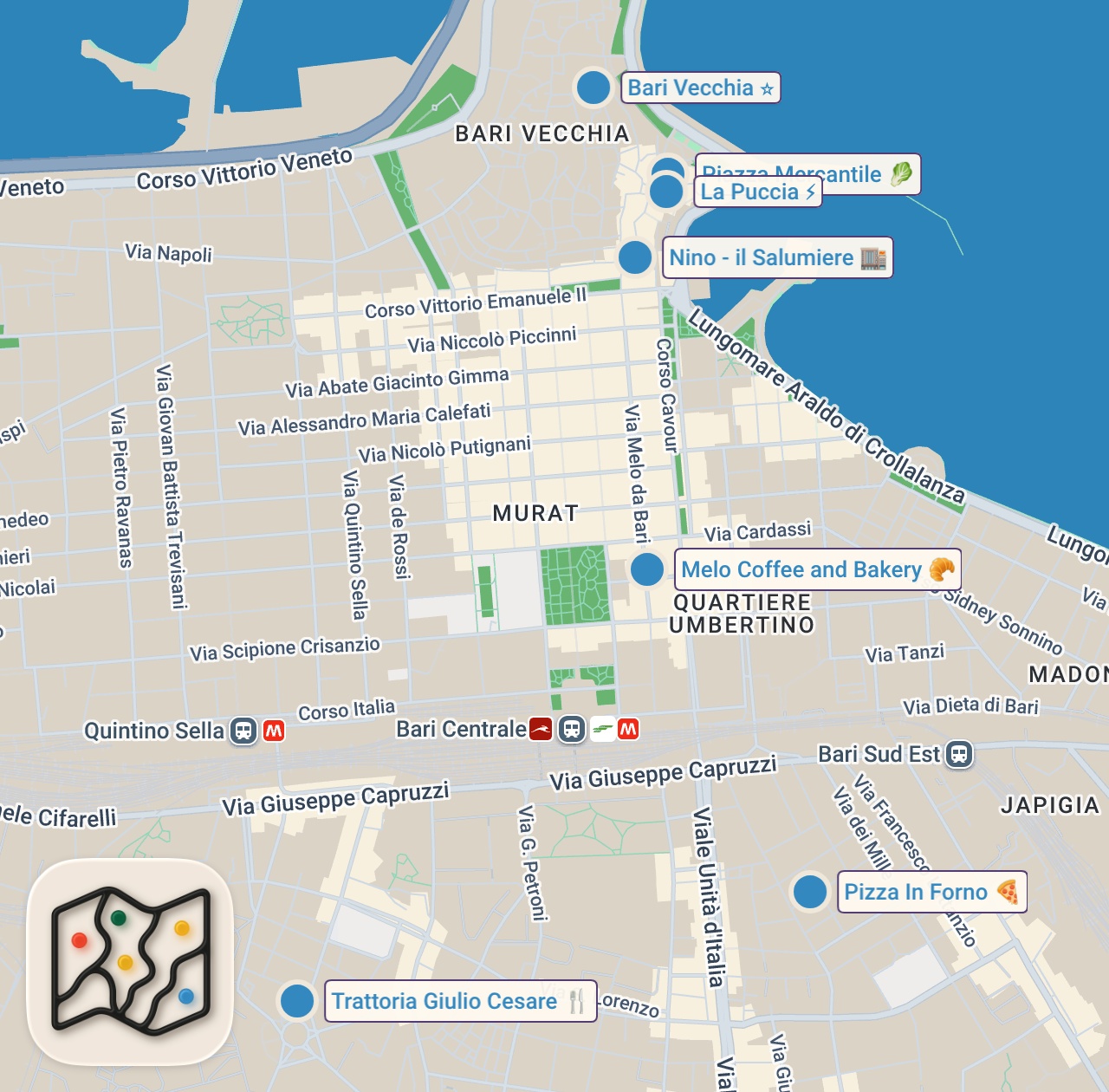 Map of 7 spots from 24H Of Italian Food In BARI - Ultimate Street Food Tour & Surprises 🇮🇹