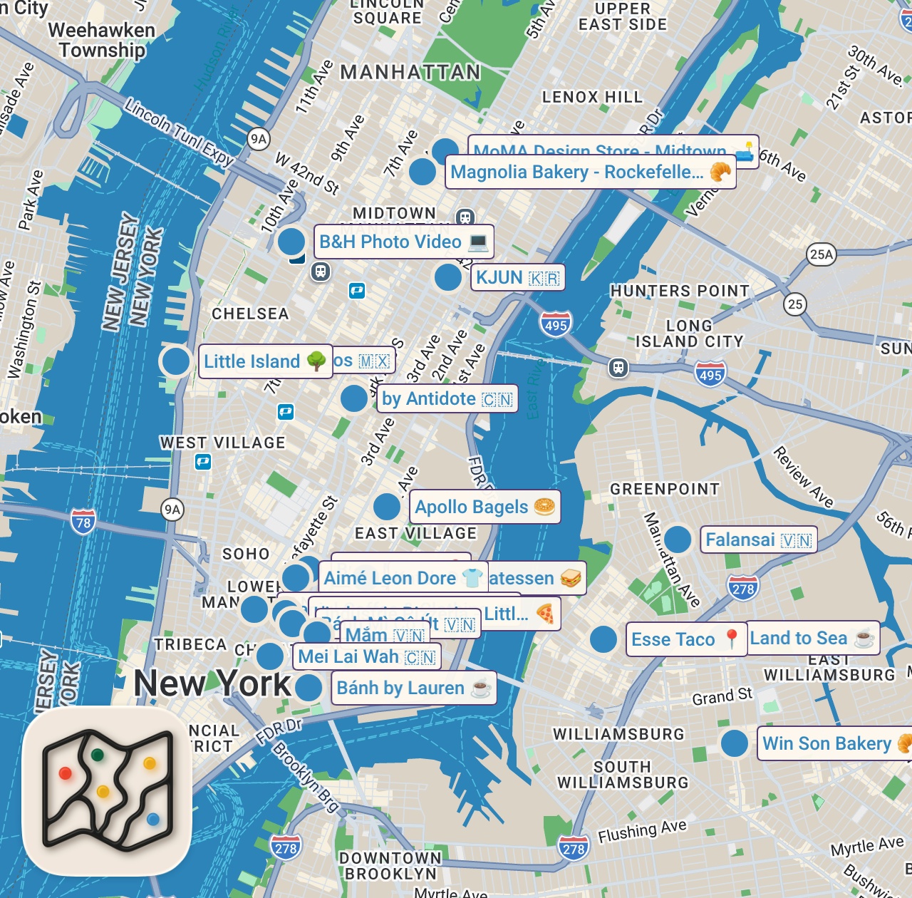 Map of 21 spots from 6 days in NYC | a Londoner's pov
