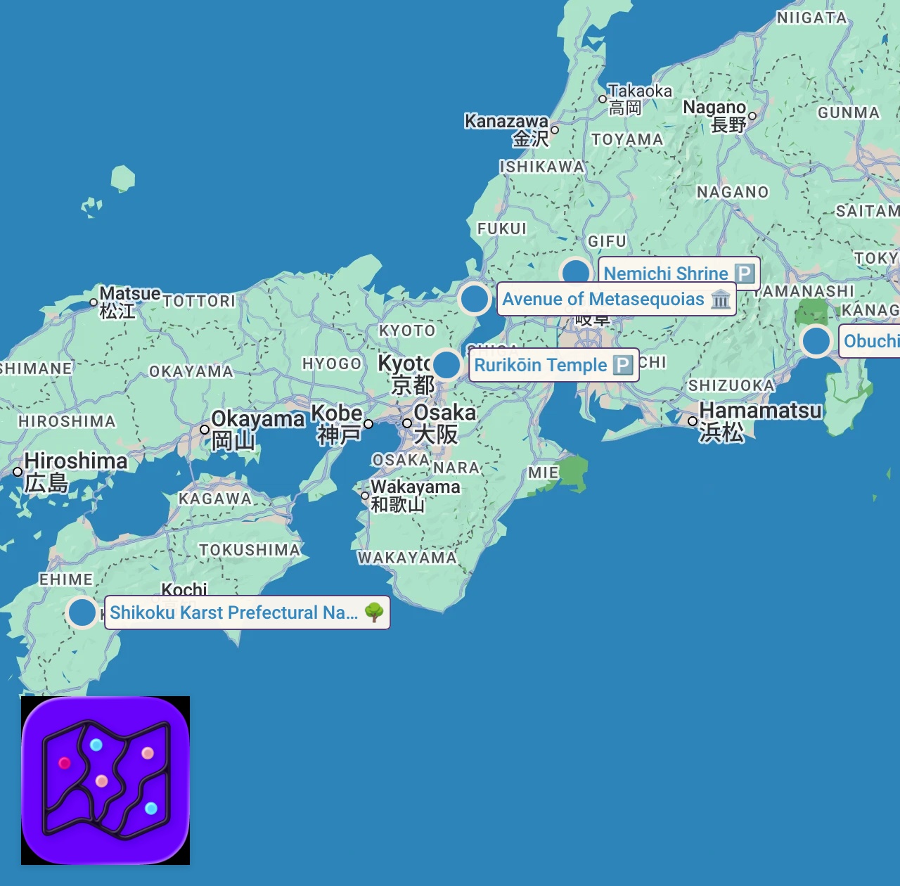 Map of 6 spots from まるで絵画のような日本の絶景6選 / 絵の中に迷い込んだような幻想的な風景 / 秘境や自然、人工物から偶然できた神秘的な池 /死ぬまでに行きたい絶景 / 旅行 観光 / 綺麗な景色