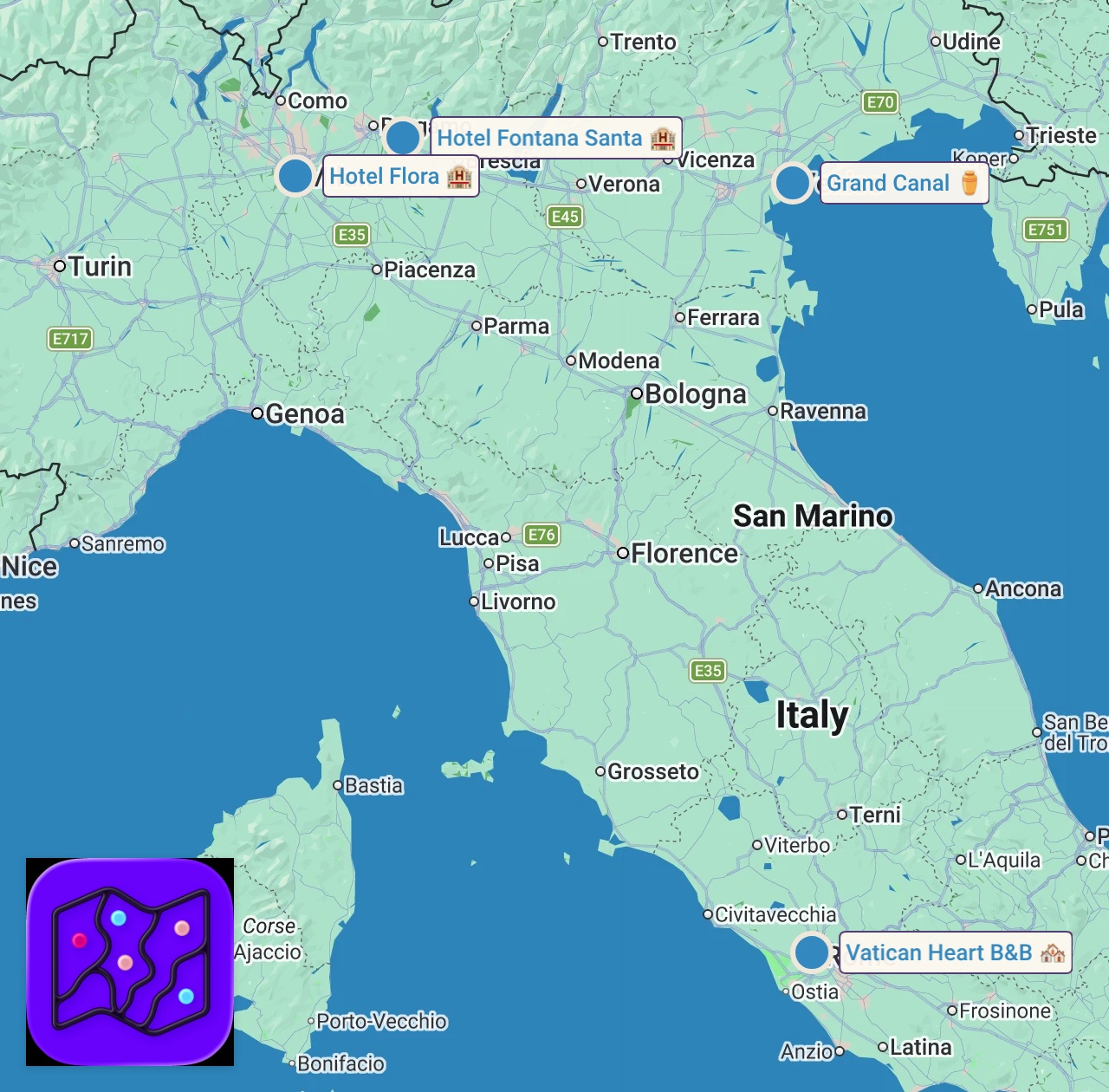 Map of 4 spots from Italy Budget Travel Tips